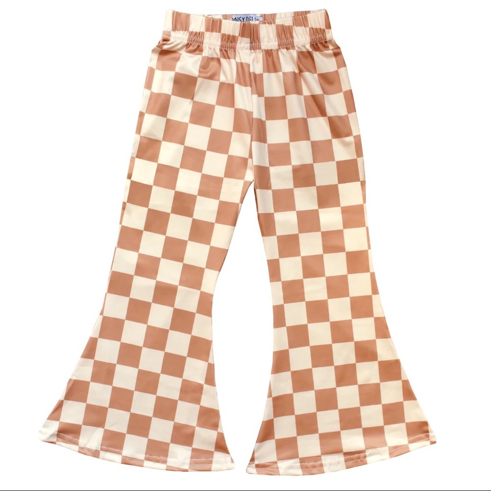 Little Girl's Bell Bottoms - Tan Checkerboard